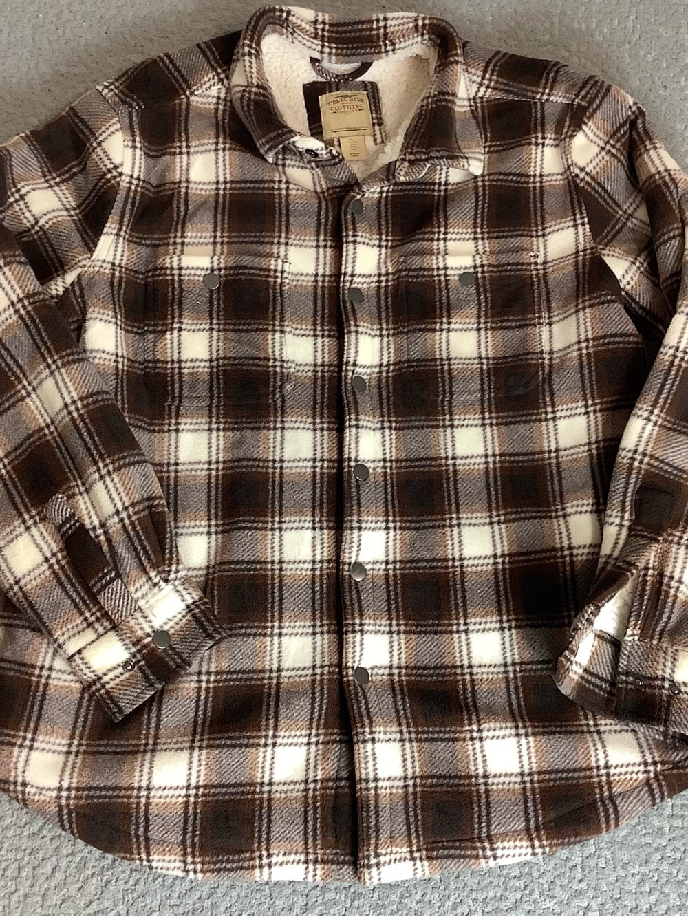 Plaid Sherpa-Lined Shirt Jacket in Brown and Cream